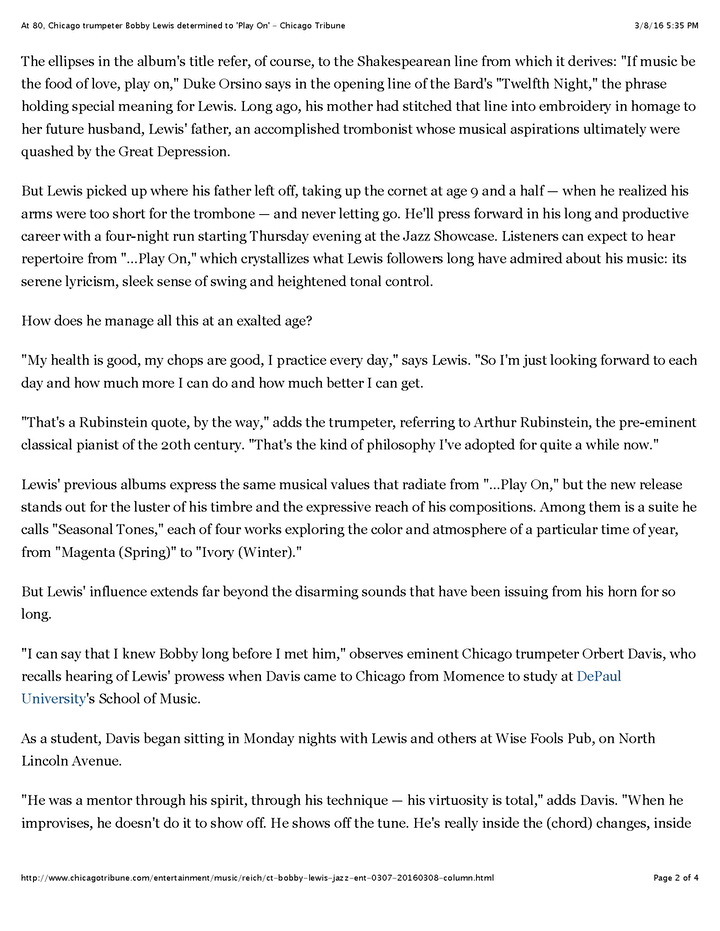 At 80, Chicago trumpeter Bobby Lewis determined to 'Play On' - Chicago Tribune Page 2