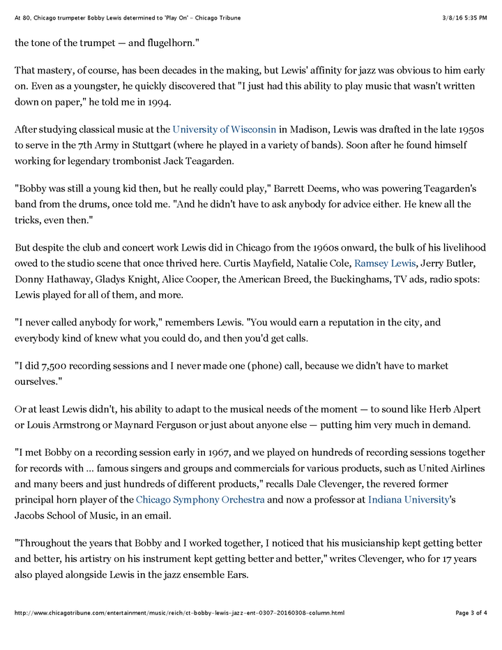 At 80, Chicago trumpeter Bobby Lewis determined to 'Play On' - Chicago Tribune Page 3